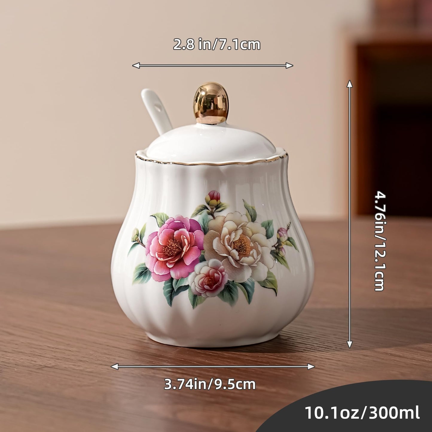 Cozierlavie Sugar Bowl with Lid and Spoon, 10.1oz Ceramic Sugar Jar for Salt，Coffee Bar, Home, Kitchen (Camellia)