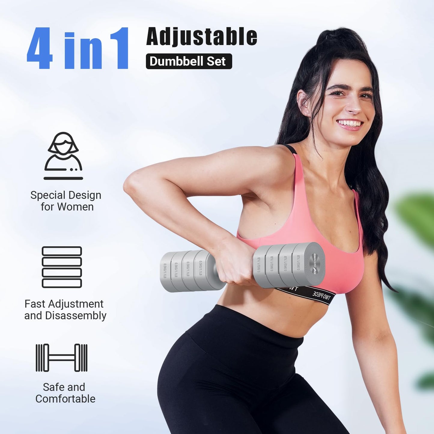 MERACH Dumbbell Set of 2, Adjustable Weight, Anti-slip Handle, Macaron Colors, Each 2.2/4.4/6.6/8.8 lbs, 4 in 1 Hand Weights for Women at Home