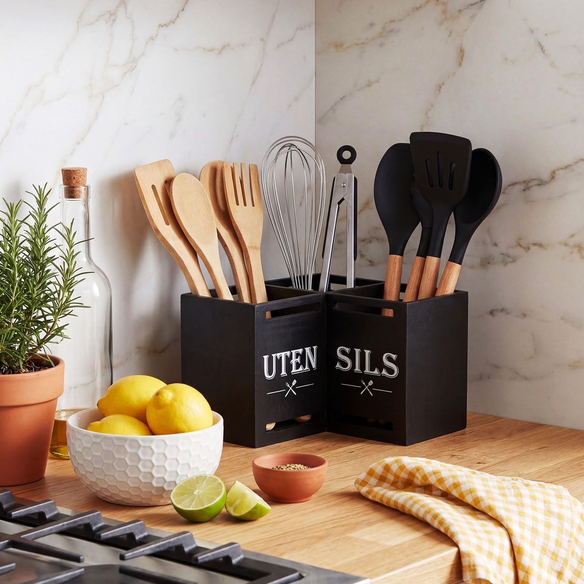 RattanView Large Kitchen Utensil Holder with 3 Compartments, Utensil Holder for Counter, Rustic Black Kitchen Decor Tools Gift Wooden Countertop Cutlery Caddy Spoon