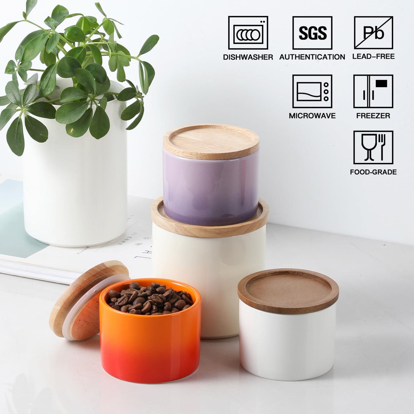 Sweejar Kitchen Canisters Ceramic Food Storage Jar, Stackable Containers with Airtight Seal Wooden Lid for Serving Ground Coffee, Tea, Sugar, Spice and More - 5 Fl Oz(Gradient Purple)
