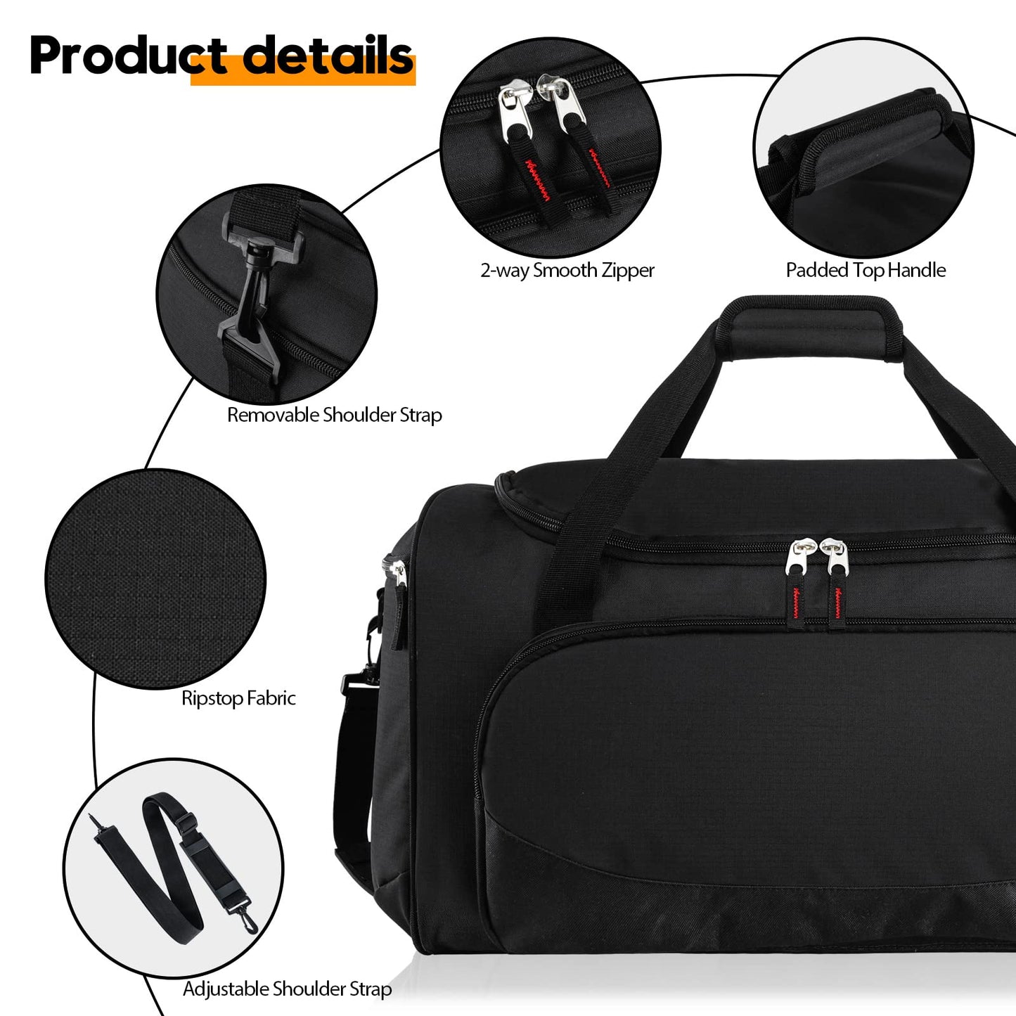 Gym Bag for Men - 55L Black Durable Large Duffle Bag for Travel, Workout, Fitness & Sport