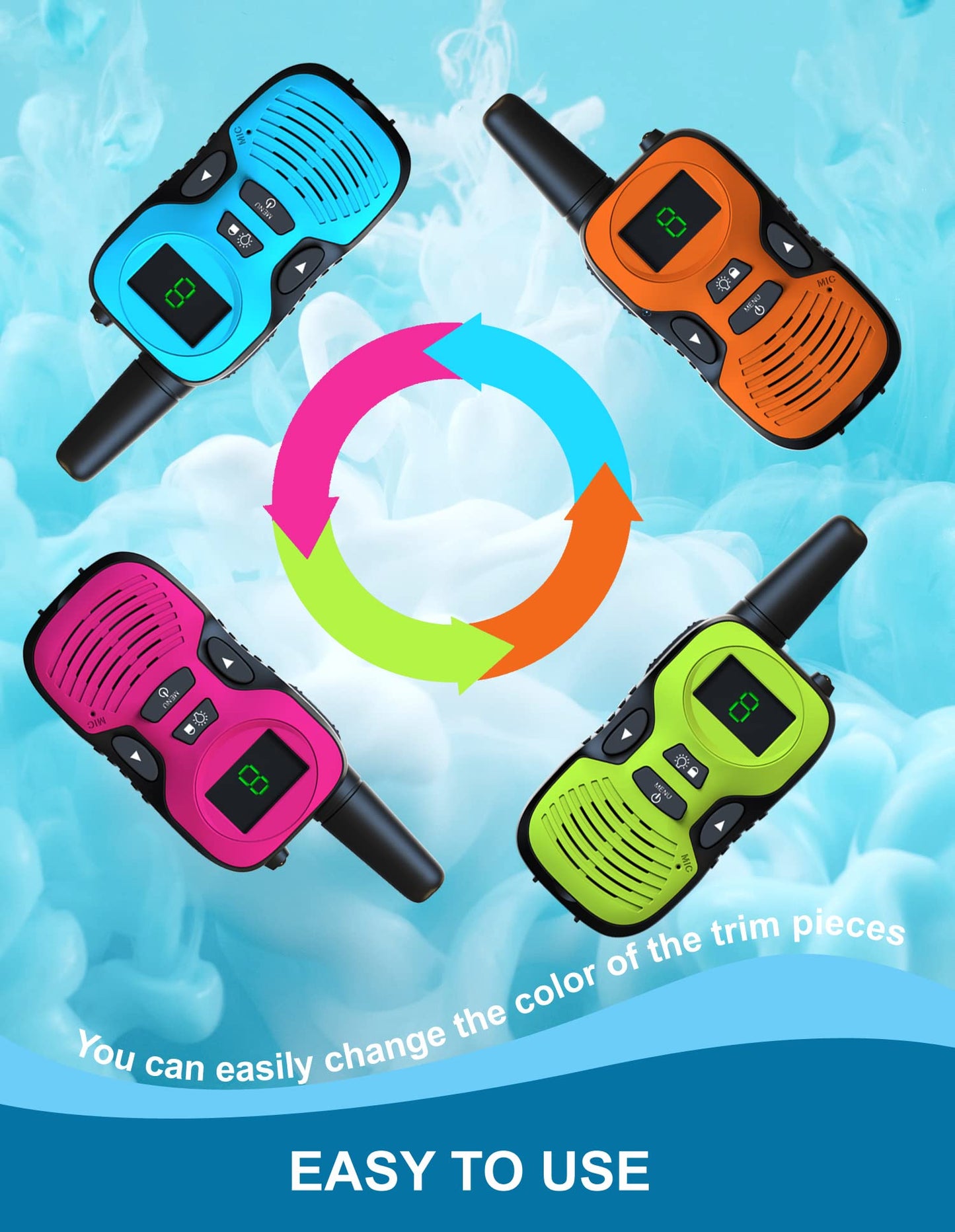Walkie Talkies for Kids Long Range - 4 Pack Kid Walkie Talkies with Replaceable Shell Backlit LCD Flashlight 3 Miles Range - Gifts and Toys for 5-7 Year Old Boys and Girls
