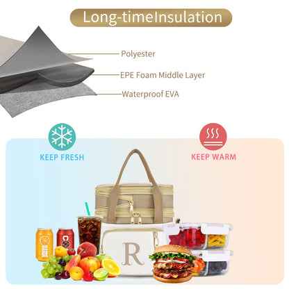 LOKASS Personalized Initial Lunch Bag for Women, 16L Large Insulated Adult Lunch Box Leakproof LunchBox, Mother's Day Lunch Bag with Strap Gifts for Wife, Mom & Friends for Work, Picnic, Travel C