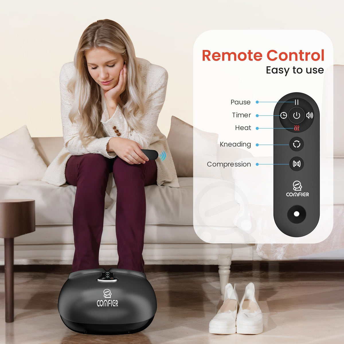 COMFIER Shiatsu Foot Massager with Heat, Compression Kneading Rolling,Vibration, Remote Control,Pause Function,Feet Massage for Neuropathy,Plantar Fasciitis,Home,Office,Gifts for Dad, Mom, Presents