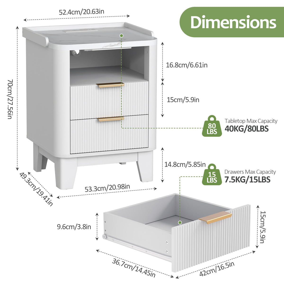 Turosur Night Stand with Charging Station, Fluted Nightstand with 2 Drawers and LED Light, Wood Bedside Table with Open Storage for Bedroom, White