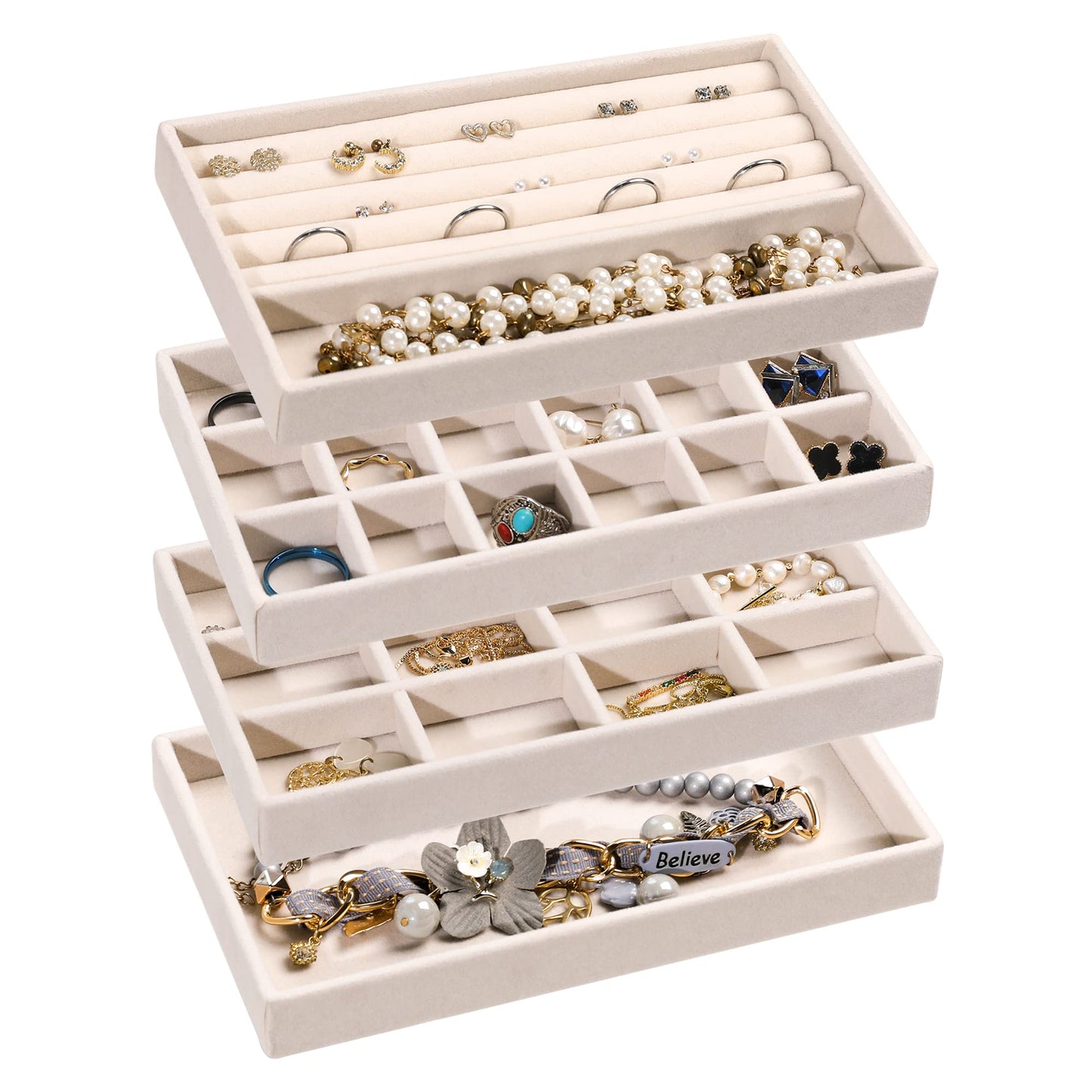 Frebeauty Jewellery Organiser Tray,Stackable Velvet Jewellery Trays,Drawer Inserts Earring Organiser For Women Girls Jewellery Storage Display Case for Rings Stud Necklaces,Set of 4(Beige)