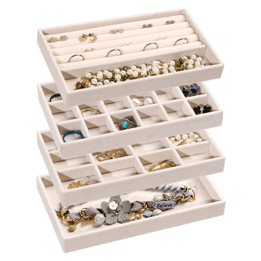 Frebeauty Jewellery Organiser Tray,Stackable Velvet Jewellery Trays,Drawer Inserts Earring Organiser For Women Girls Jewellery Storage Display Case for Rings Stud Necklaces,Set of 4(Beige)