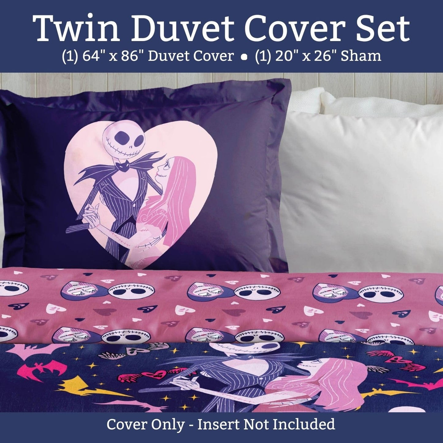 Jay Franco Duvet Cover Set – 2 Piece Comforter Cover and Sham Set, Super Soft Cozy Kids Bedding (Insert Not Included) Purple - Nightmare Before Christmas, Twin