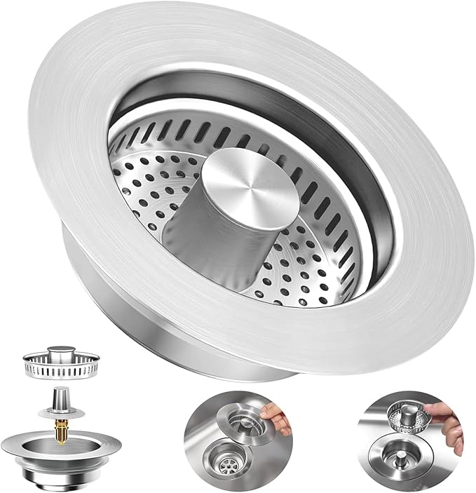3-in-1 Kitchen Sink Drain Strainer : Pop Up Sink Stopper, 304 Stainless Steel