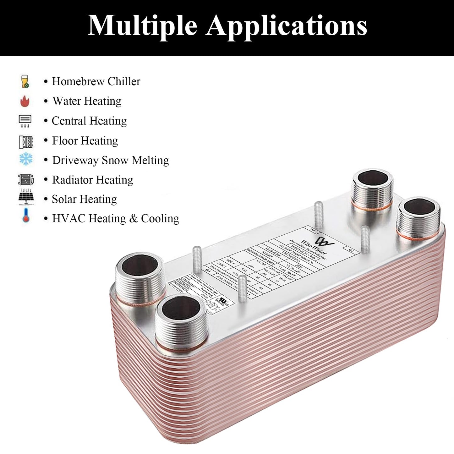 Brazed Plate Heat Exchanger Stainless Steel SS316L 5"x12" 90 Plates 1 1/4" MPT 1,100,000 BTU/hr Hydronic Heating