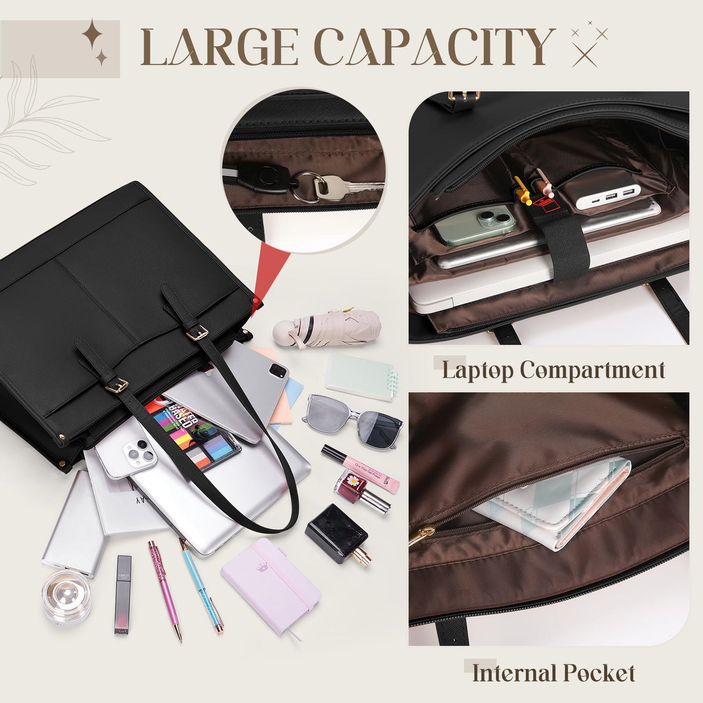 RAINSMORE Lunch Tote Bag for Women 15.6 Inch Laptop Bags with Insulated Lunch Compartment Large Leather Quilted Computer Tote for Teacher Nurse Work Collage Casual Black