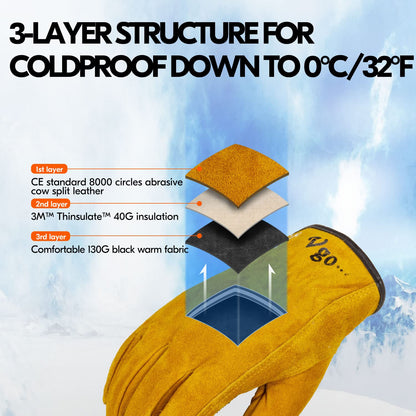 Vgo... Winter Work Gloves Gardening in Cowhide, Thermal Gardening Gloves in leather in Cold Weather for Freezer Yard Warehouse Utility, 1 pair