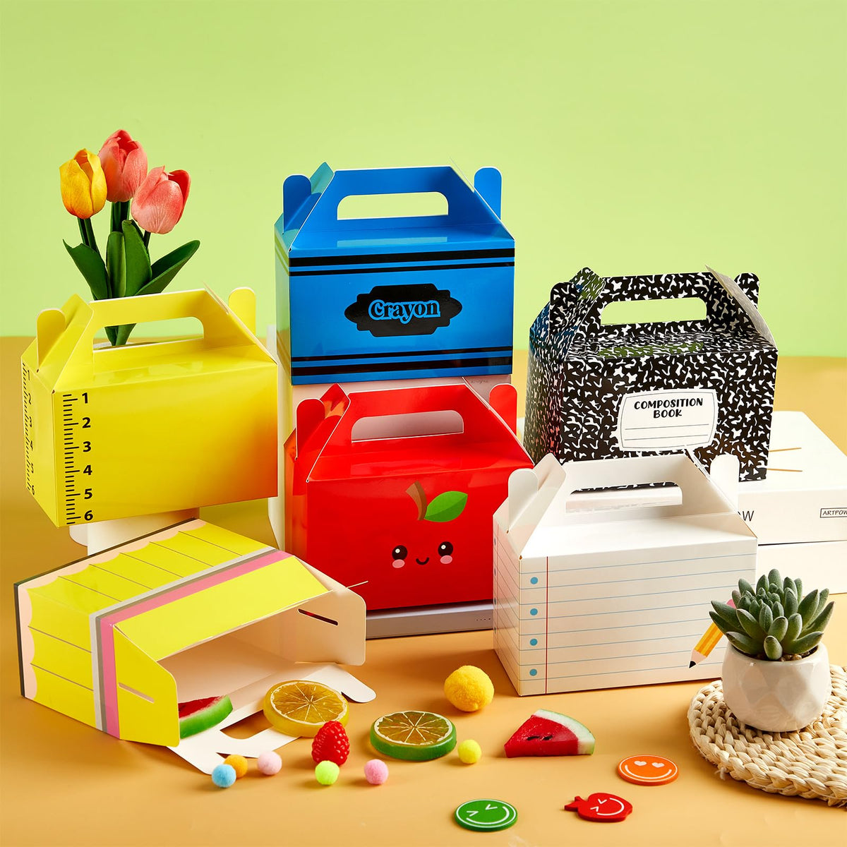 12Pcs Back to School Gift Boxes First Day of School Party Treat Boxes Pencil Crayon Apple Goodie Candy Box Teacher Appreciation Party Favor for Student Preschool Kindergarten Classroom Decorations
