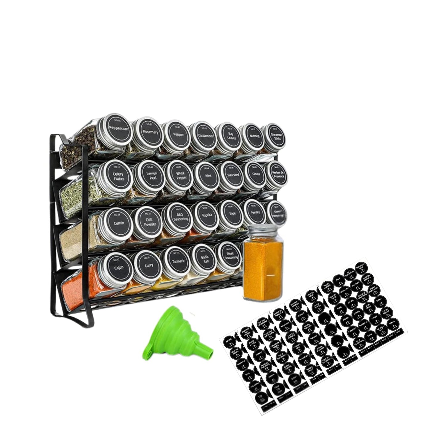 SAI AUREVIA - 28-Jar Spice Rack Organizer with 4-Tier Metal Stand | Complete Set with Glass Jars, Labels & Funnel | Space-Saving Kitchen Spice Storage (Wall or Countertop Mount)