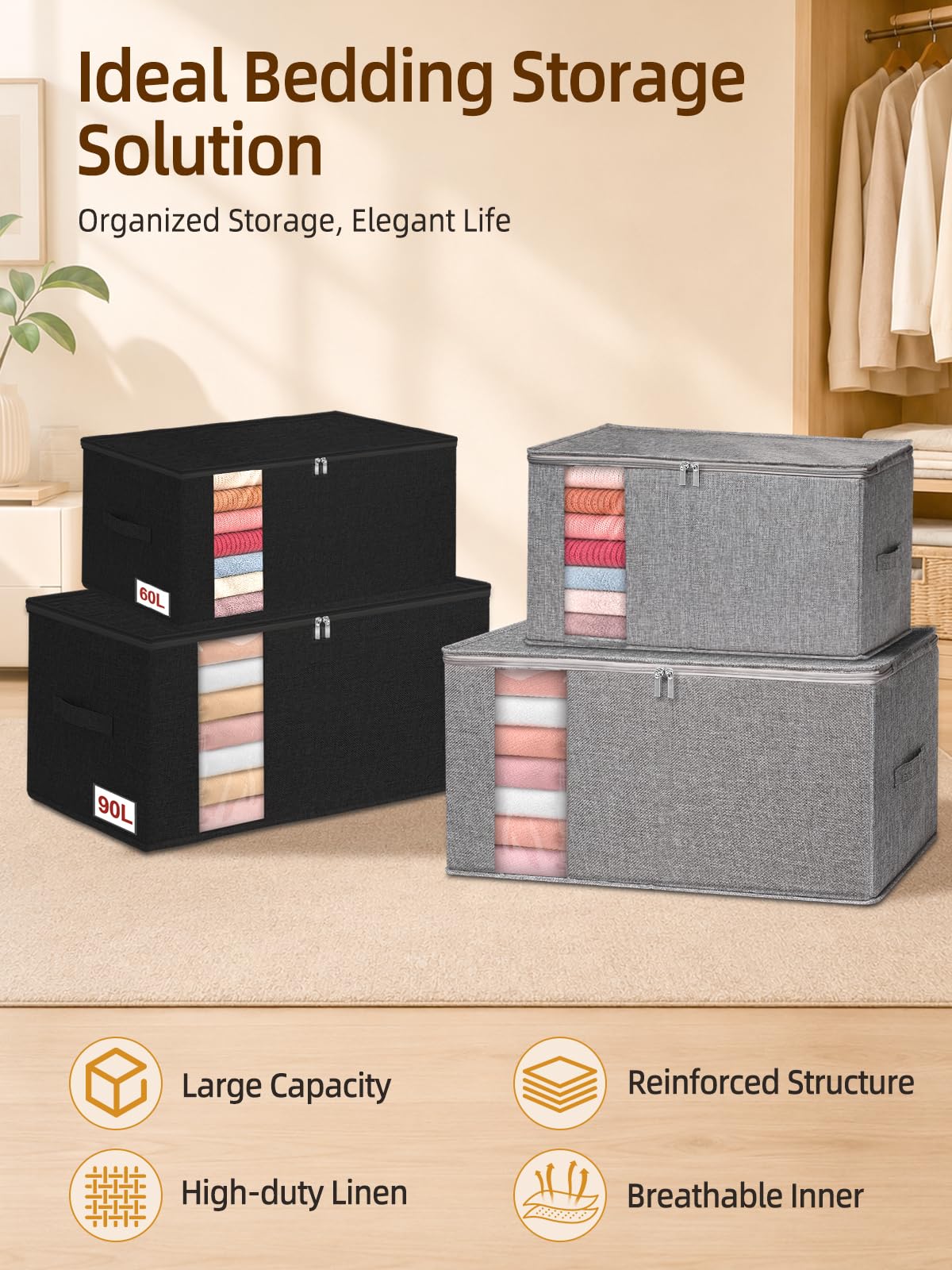 boailydi 60L Blanket/Comforter Storage Bag w/Rigid Side & Bottom Support, Stackable Clothes Storage Bin for Sweaters Bedding Sets Quilts Pillows, Closet Organizer, 21.7x14.2x11.8in, 2 Pack, Gray