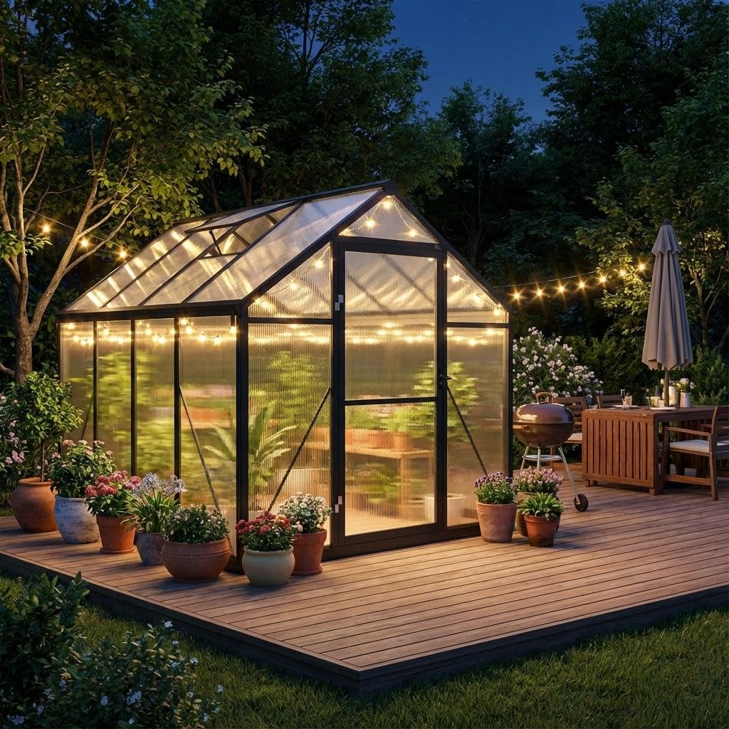 Garvee 6x8ft Greenhouse, Large Walk-in Greenhouse for Outdoors with Roof Vent & Lockable Outward-Opening Swing Door, Heavy Duty Aluminum Frame Polycarbonate Green House for Garden,Backyard,Lawn,Grey
