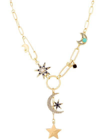 Sacina Boho Gold-Tone Moon and Star Necklace, Star Jewelry, Gold-tone Charm Boho Necklace, Christmas Jewelry Gift For Women