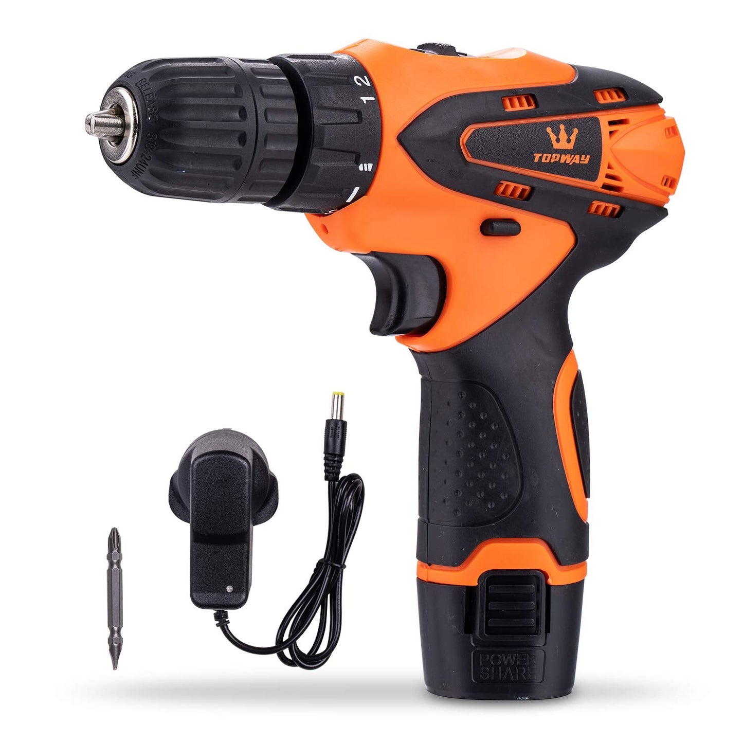 TOPWAY Cordless Drill Driver 12V, Battery Powered Screwdriver with 10mm Keyless Chuck, 2 Speed, LED Light and 1X Battery Included, Ideal for Home DIY Project 102000