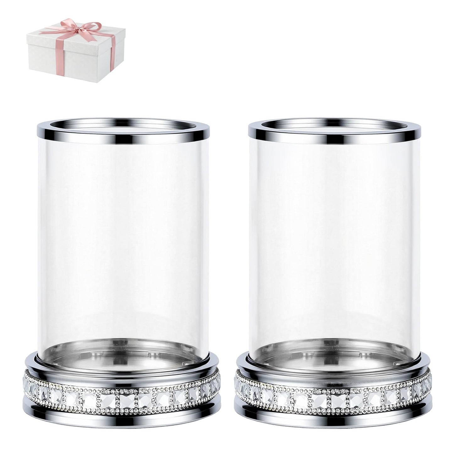 2pcs Hurricane Candle Holder, Pillar Candle Holders with Clear Glass Sleeve, Small Crystal Lantern for Fall Thanksgiving Christmas Holiday Dining Table Centerpiece (Silver)
