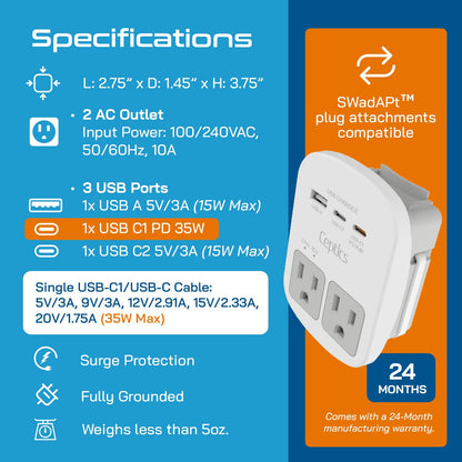 Ceptics 35W Universal Travel Adapter Kit – 2 USA sockets, USB-A, USBC, 1x PD 35W USB-C and USBC Cable, Surge Protected, Plugs for EU, UK, China, AU, Japan - for Laptop, Phone, Camera-ETL Tested