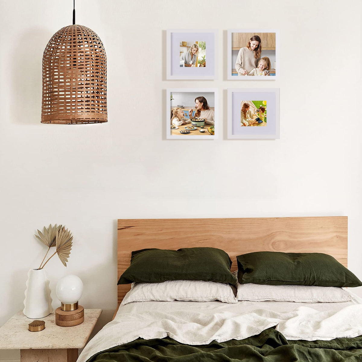 Egofine 8x8 Picture Frames 4 PCS,Solid Wood frame Fits 4x4/6x6 with Mat or 8x8 Without Photo Frame Covered by Plexiglass,for Wall Hanging and Tabletop,Wooden Square Picture Frame,White