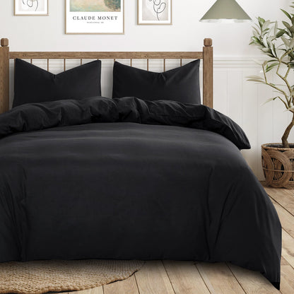 Wake In Cloud - Black Quilt Cover Set, 1000TC Ultra Soft Microfiber Doona Cover Bedding Set in Solid Plain Color (3pcs, Queen Size)