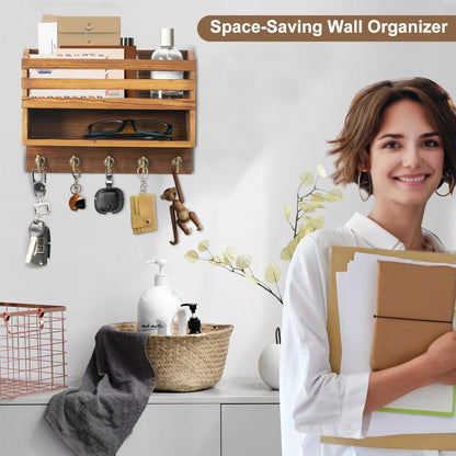 KERESUEDO Mail and Key Organizer for Wall – Key Holder Wall Mount with Storage Box and 5 Key Hooks, Mail Holder Wall Mounted for Entryway, Apartment, Office, Home Decor Organization (Brown)