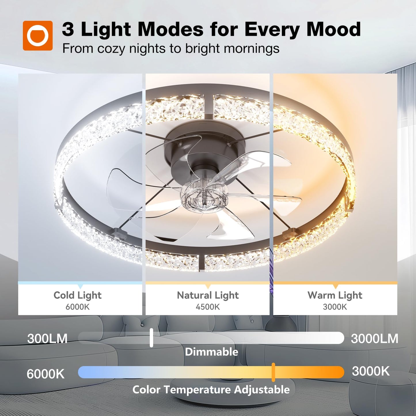 addlon Ceiling Fans with Lights and Remote, 24'' Low Profile Flush Mount Ceiling Fan, 3000–6000K Dimmable LED Fandelier, Bladeless Crystal Fan Light for Bedroom, Kitchen, Living Room, Black