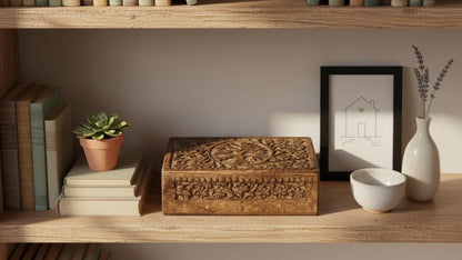 Great Birthday Gift Handmade Decorative Wooden Jewelry Box With Tree Of Life Carving Jewelry Organizer Keepsake Box Treasure Chest Trinket Holder Watch Box Storage Box Housewarming Gifts (Natural)