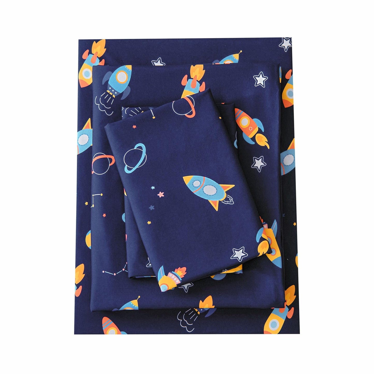 Swiftify Full Size Sheet Set for Kids Boys, 4-Piece Bed Sheet Set for Teens Boys Girls, Cartoon Printed Bedding Set, Microfiber Deep Pocket, Wrinkle & Fade Resistant, Space Rocket