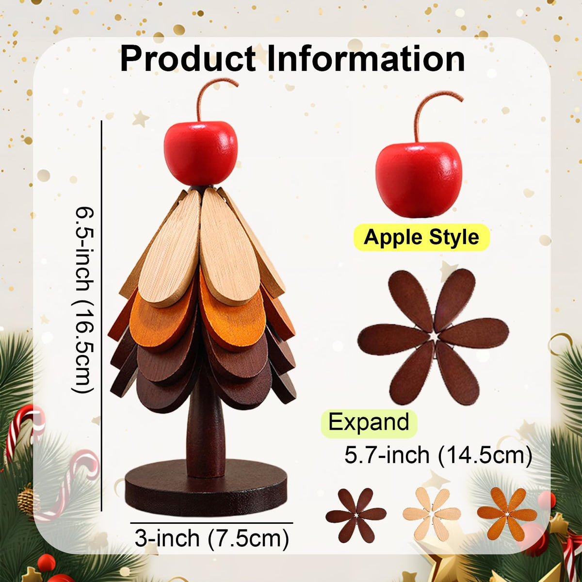 3 Pcs Wooden Trivets for Hot Dishes with Storage Stored, 5.7" Foldable Christmas Tree Shaped Trivets Set, Heat Resistant Hot Pads for Hot Pots Bowl Teapot, Kitchen Decor for Quartz Counter (Apple)