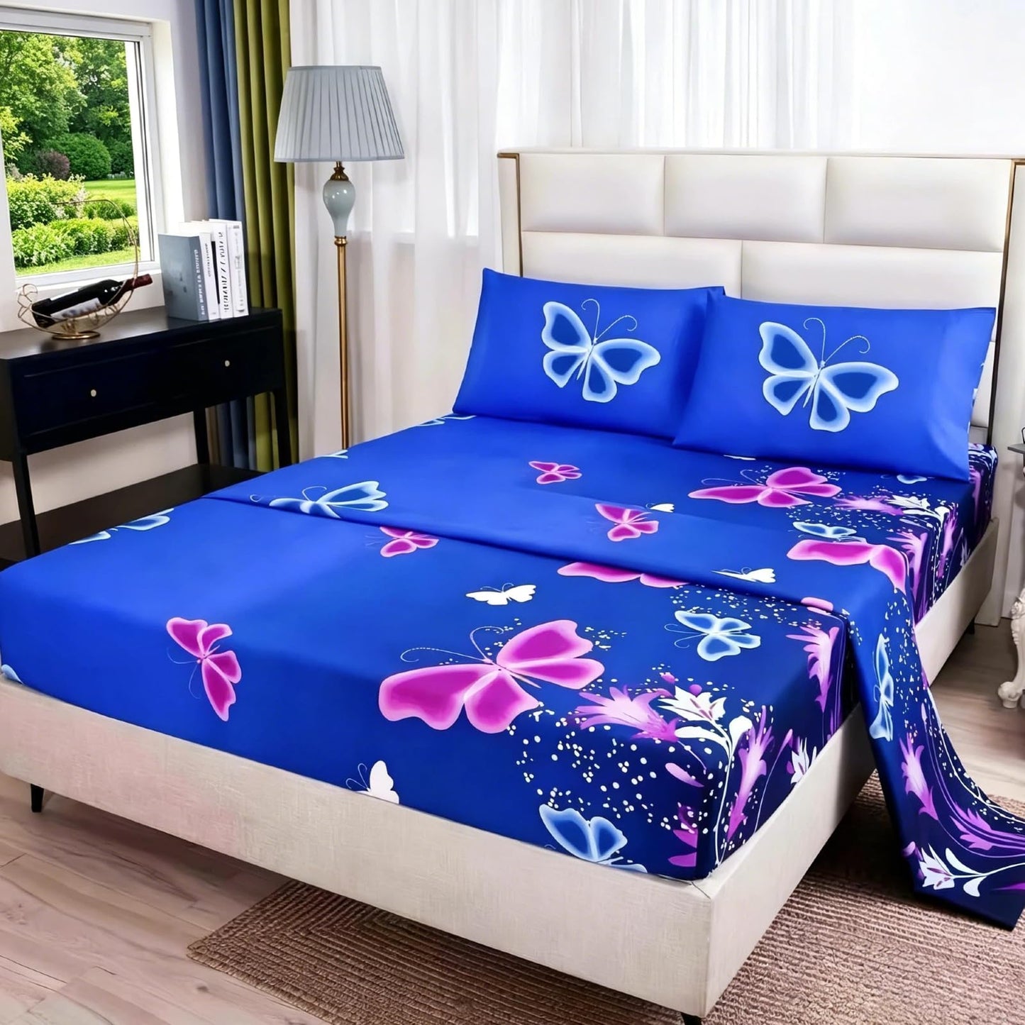SDY 4 Pieces Butterfly Bedding Sheets Set Full Size Blue Vivid Butterflies Pattern Sheet Set with 1 Deep Pocket Fitted Sheet + 1 Top Flat Sheet + 2 Pillowcases for Kids Teens Adults (Butterfly,Full)