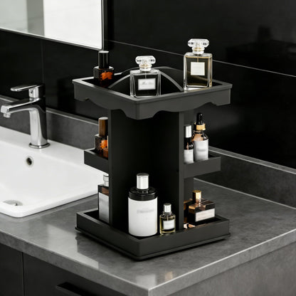 Rotating Cologne Organizer for Men, 3 Tier Wood Cologne Holder Stand with Brush Storage, 360 Spinning Perfume Display Shelf for men's Vanity, Multi-Layer Bathroom Organizers and Storage, Black