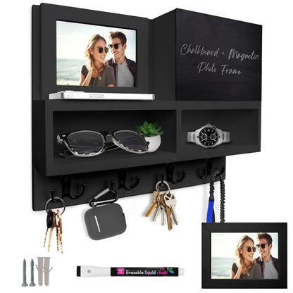 Spacelog Key and Mail Holder for Wall with Chalkboard – Magnetic Photo Frame Key Holder Wall Mount, Black, Dual Storage & Cupboards Mail and Key Organizer for Wall