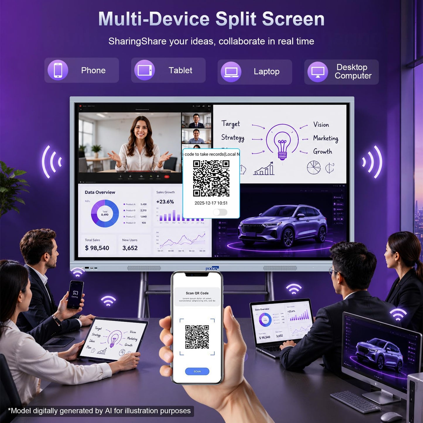 JYXCN 55" 4K Dual-OS Smart Board – Android 11 & Windows 10 Pro | 20-Point Touch for Offices, Classrooms, Church | Wireless Sharing, Wall Mount Included
