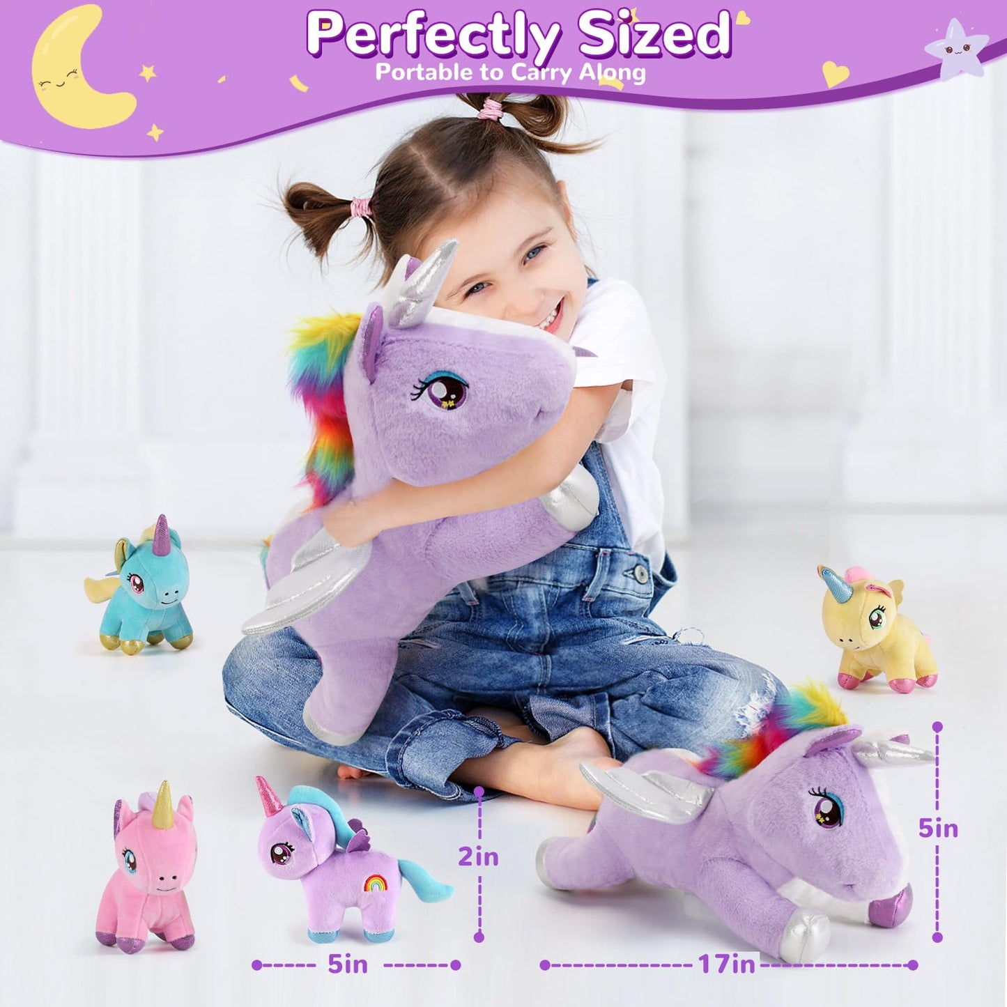 gnomantic 5 Pieces Unicorn Stuffed Animals - 1 Mommy Stuffed Unicorn with 4 Babies - Unicorns Gifts for Girls Ages 3 4 5 6 7 8, Unicorns Plush Toys for Christmas, Valentine's, Birthday Gifts (Purple)