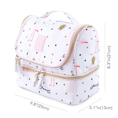 Hanging Toiletry Bag for Women, Lychii Cosmetic Bag with Double Layer, Toiletries Travel Organizer - Flamingo Printed