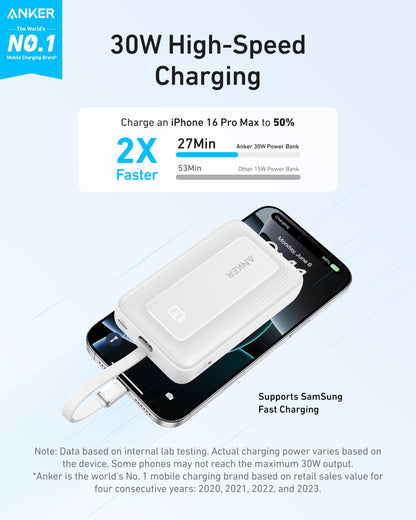 Anker Portable Charger, 10,000mAh 30W Power Bank, USB-C in and Out Fast Charging Battery Pack, Travel Essential Phone Power Bank, for iPhone 16/15, iPad, MacBook, Galaxy, Google, and More