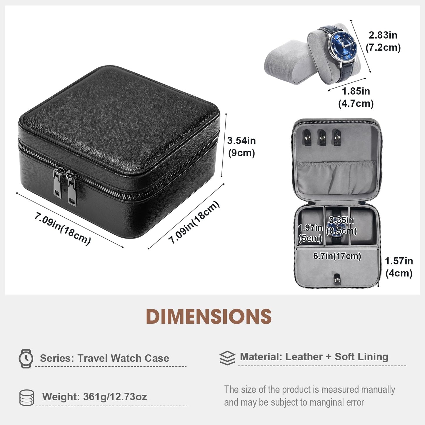 ProCase Travel Watch Case, 3 Slots PU Leather Mens Jewelry Box, Portable Watches Cufflinks Accessories Storage Case, Zippered Carrying Organizer Bag for Man, Valentine's Day Gift -Black