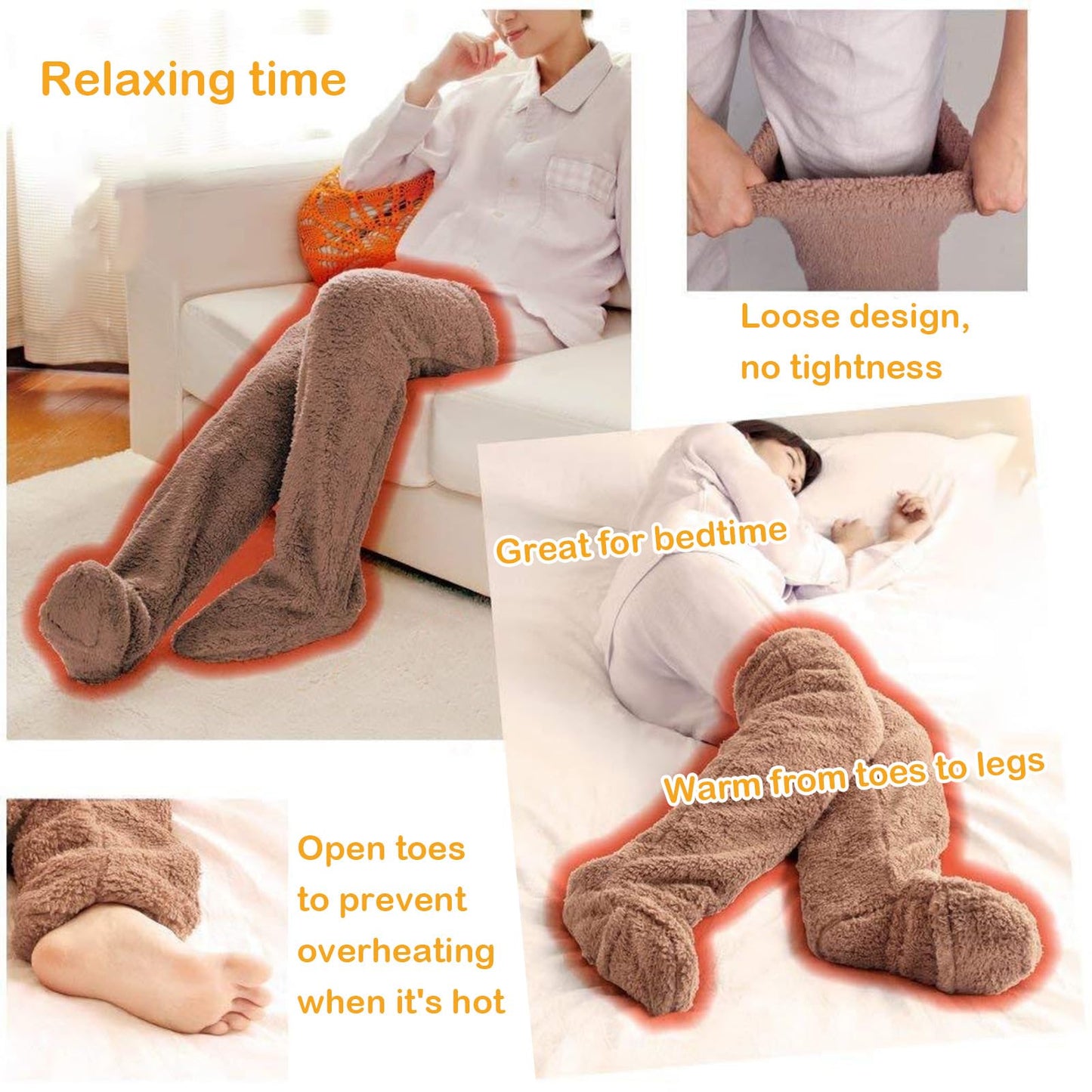Wanheart Over Knee Lightweight Fuzzy Socks, Plush Slipper Stockings, Cozy Leg Warmers for Men & Women – Open Toe Design for Home & Sleep (LightCoral)