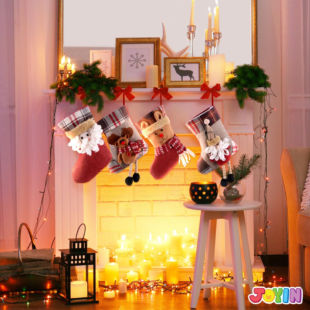 JOYIN 12 Pcs Mini Christmas 3D Bulk Xmas Stockings Santa Snowman Reindeer Burlap Stockings for Present Holders Treat Bags Christmas Tree Decoration Xmas Party Decors