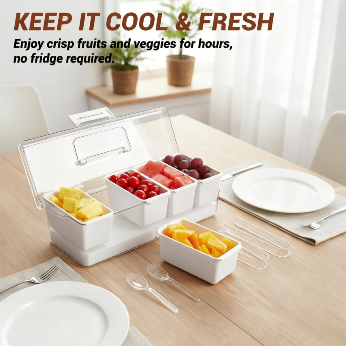 Mavolico Chilled Condiment Containers with Lid & Handle, 5-Compartment Serving Platters with 2 Ice Packs to Keep Fruits, Salads, Dips & Sauces Fresh for BBQs, Picnics, Camping and Parties