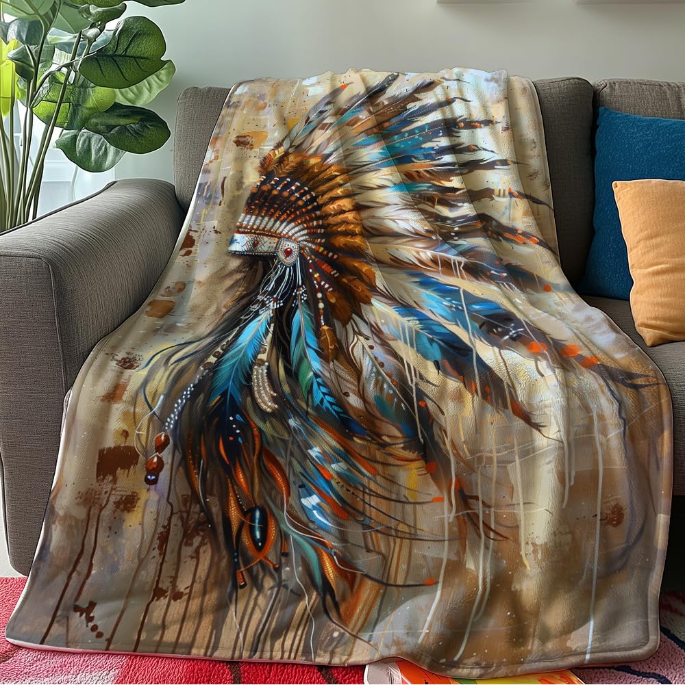 HUNXIAOJ Native American Throw Blanket Indian Print Blanket Indian Feather Headdress Pattern Native American Bedding Warm Soft Flannel for Bed Sofa Couch (50 in x 60 in)