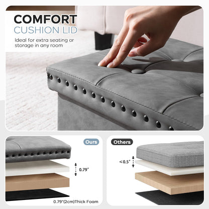 oakvivo Storage Ottoman Cube 16x12x12 inches, Small Faux Leather Tuffed Foot Rest Stool with Rivet Design, Foldable Ottomans Footstool, Box Chest for Bedroom, Entryway, Load 242 lb, Grey