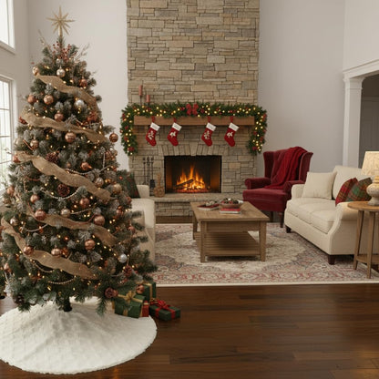 AISENO 48 Inch Christmas Tree Skirt Faux Fur with Cable Knit Knitted Thick Decoration for Merry Christmas Decorations