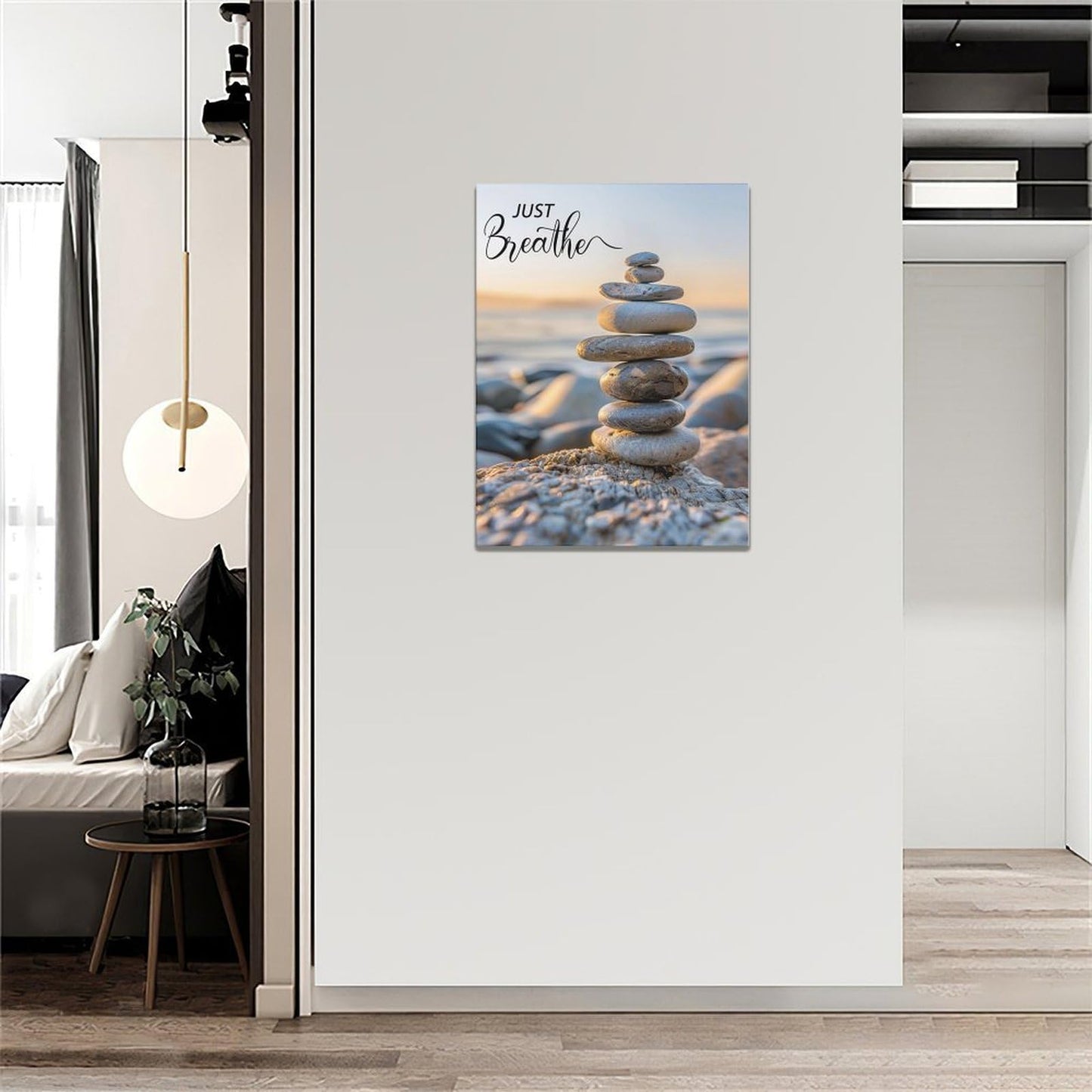 Zen Wall Art Spa Stone Just Breathe Pictures Canvas Wall Decor Meditation Yoga Painting Peaceful Home Modern Artwork Decorations Framed for Bathroom Bedroom Living Room Office 12 x 16 inch