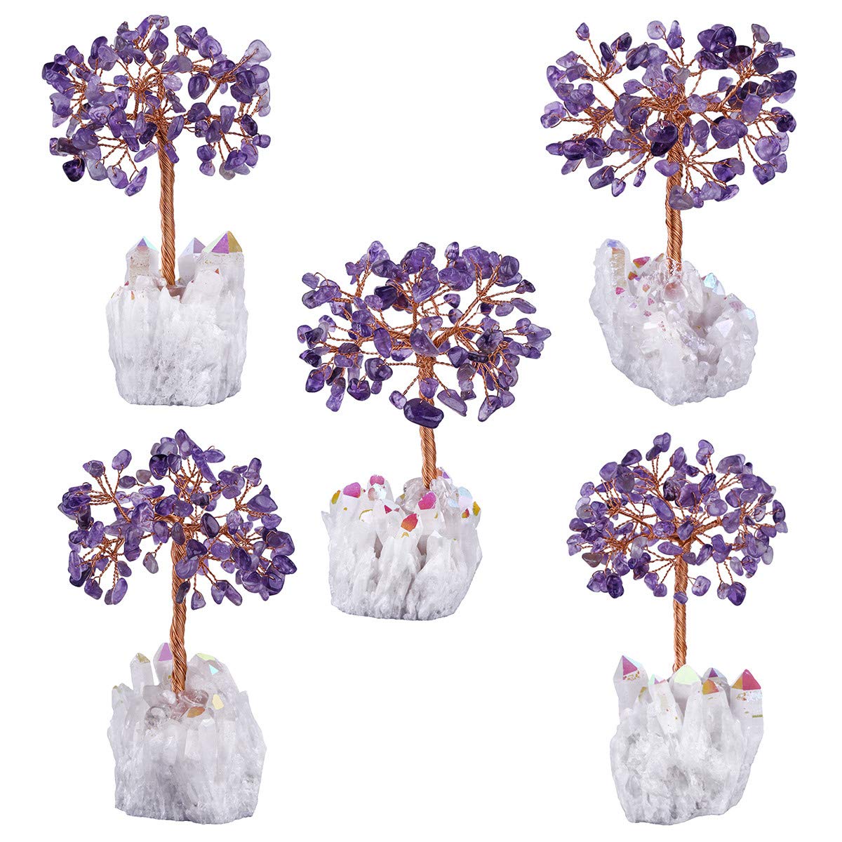 TUMBEELLUWA Healing Crystal Stone Money Tree with White AB Crystal Base Tumbled Stones Bonsai Home & Office Feng Shui Decor for Good Luck and Wealth, Amethyst