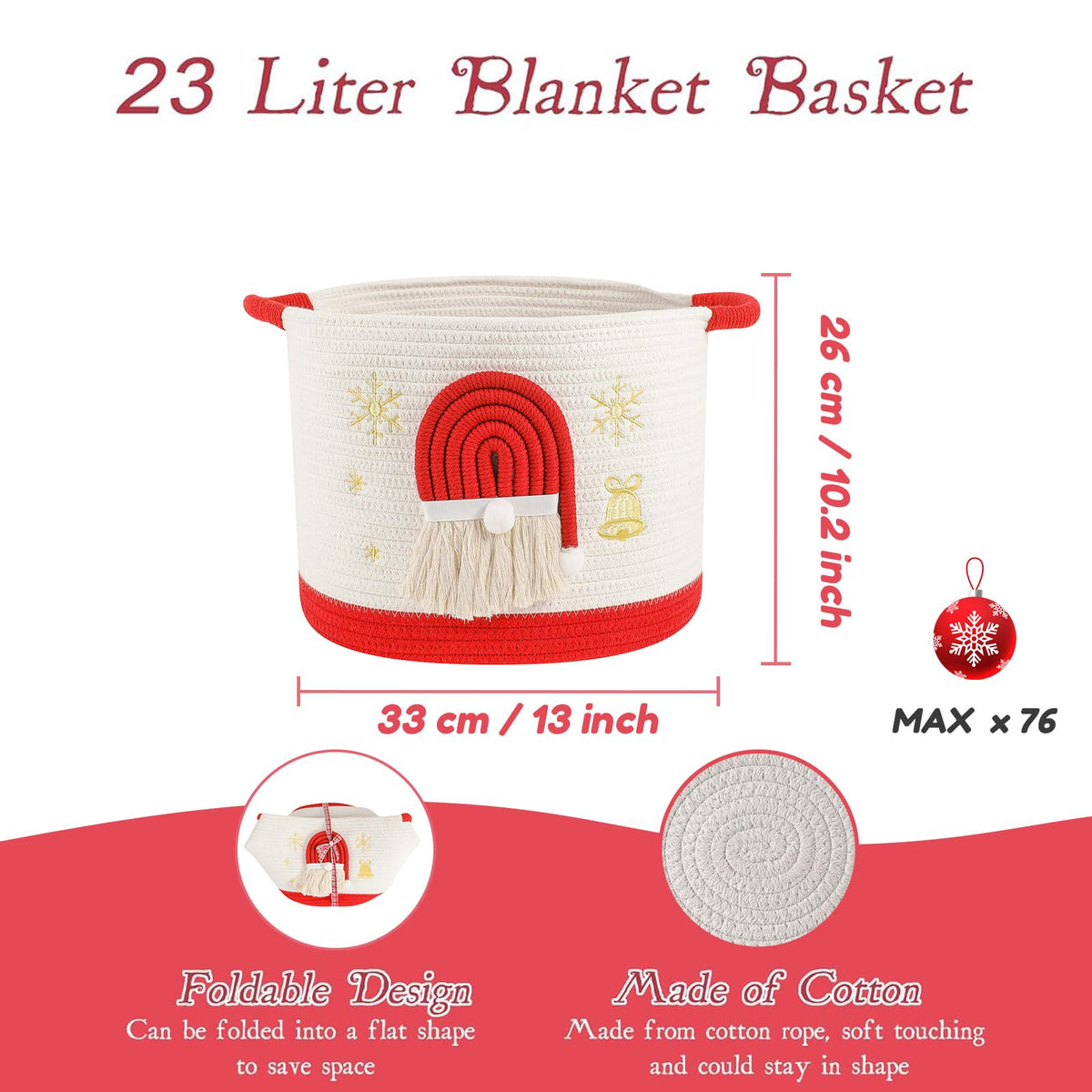 Christmas Basket Cotton Rope Blanket Storage Basket Large Christmas Buckets with Red Handle, Laundry Baskets with 3D Santa Claus Raffle Basket Holiday Baskets Empty for Gifts Decorative Winter Baskets