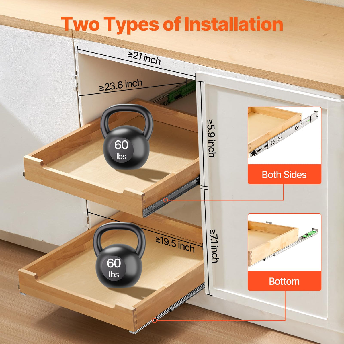 VEVOR Pull Out Cabinet Organizer, 20"W x 21"D Cabinet Drawer, Soft Close Slide out Shelf, Heavy-Duty Sliding Wood Drawer, Bottom Mount Size（20.5"W x 23"D）and Side Mount Size（21"W x 23"D）