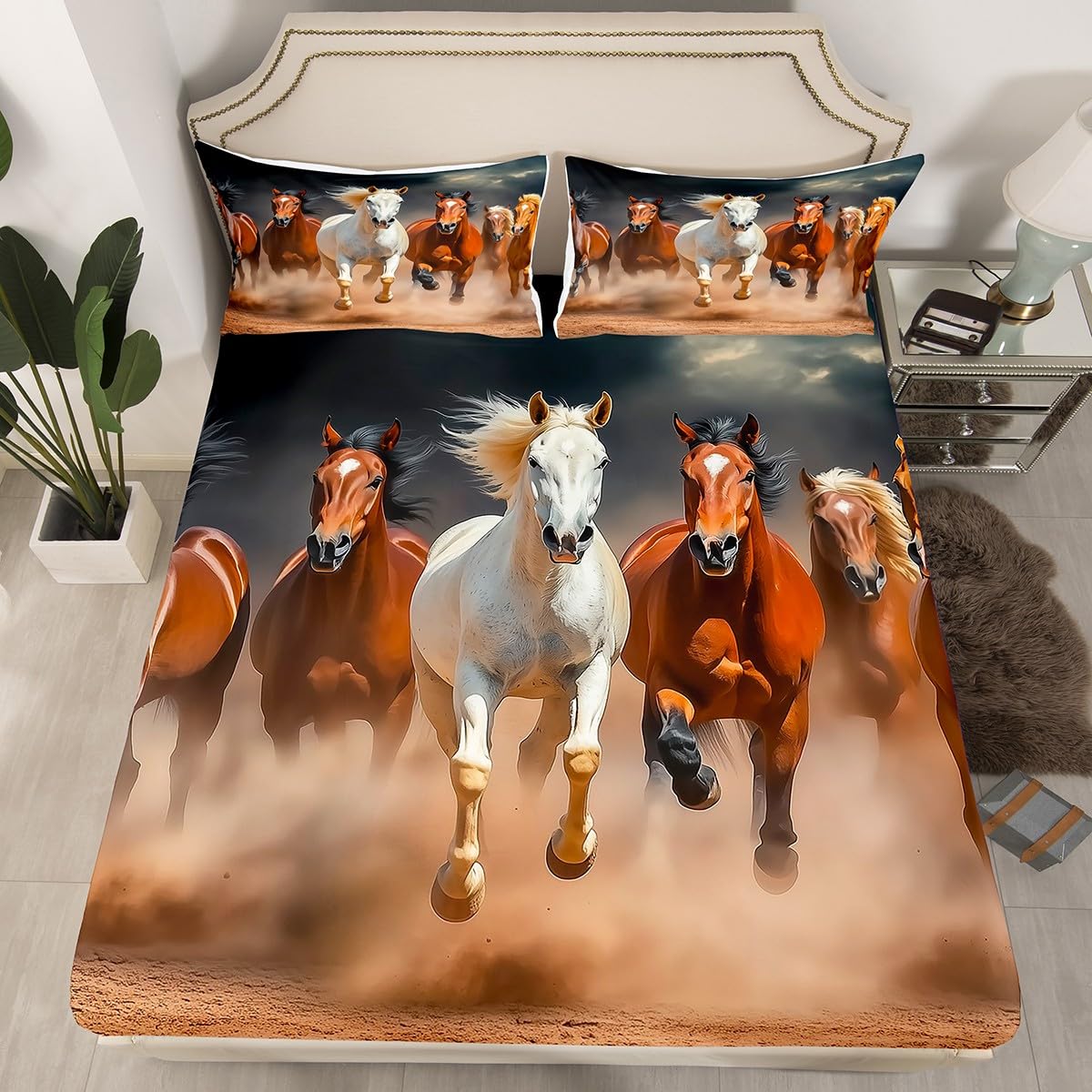Galloping Horse Bed Sheets for Kids Boys Girls,Farmhouse Western Horse Sheet Set Full,Brown Black Horse Bedding Set Bedroom Decor,Rustic Cowboy Cowgirl Fitted Sheet + Top Sheet + 2 Pillowcases